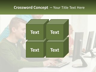 A Group Of People Sitting At A Computer Desk PowerPoint Template