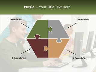 A Group Of People Sitting At A Computer Desk PowerPoint Template
