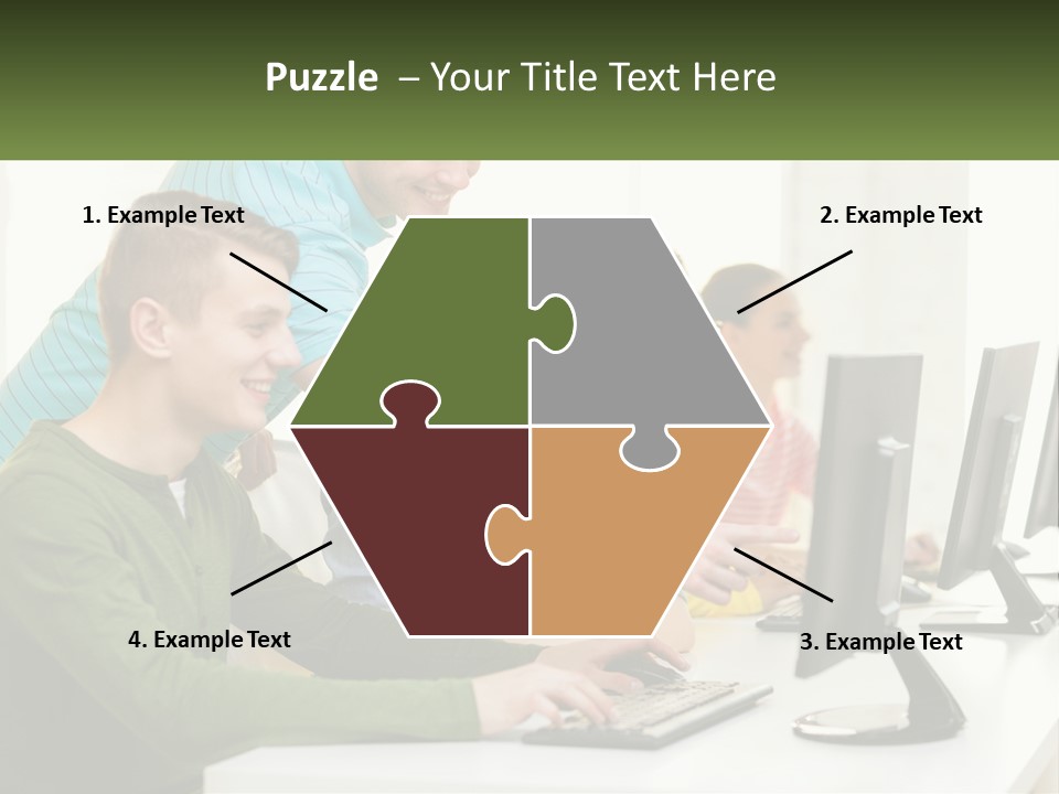 A Group Of People Sitting At A Computer Desk PowerPoint Template