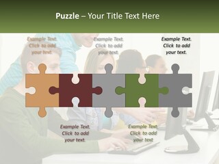 A Group Of People Sitting At A Computer Desk PowerPoint Template