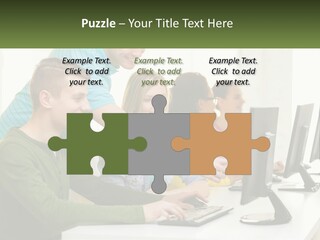 A Group Of People Sitting At A Computer Desk PowerPoint Template