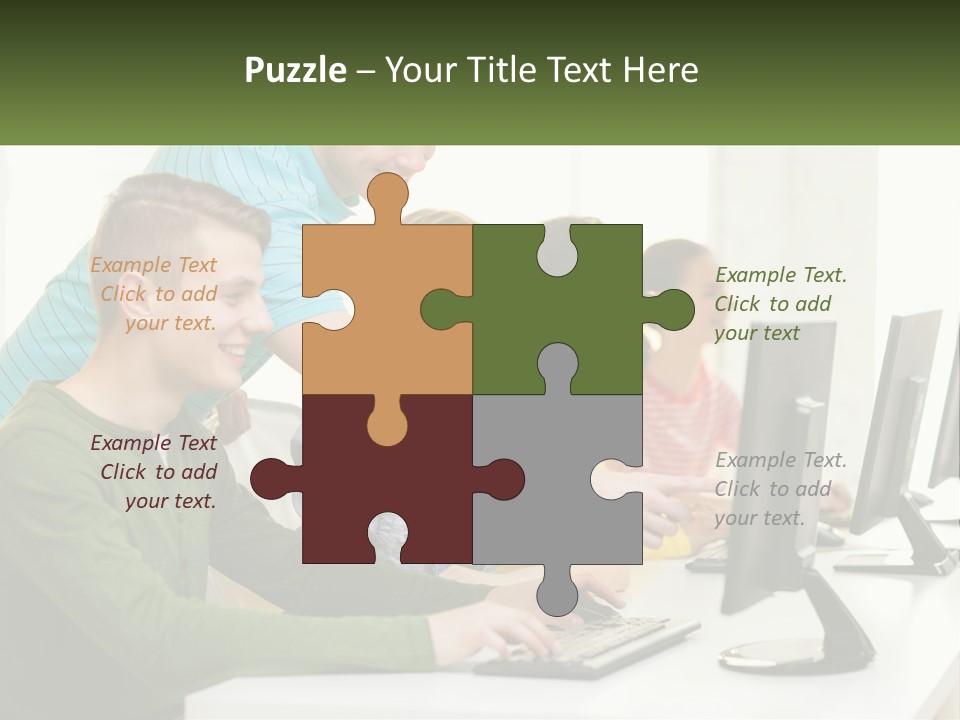 A Group Of People Sitting At A Computer Desk PowerPoint Template