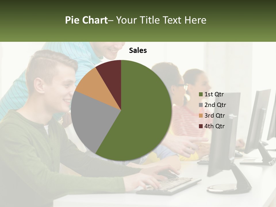 A Group Of People Sitting At A Computer Desk PowerPoint Template