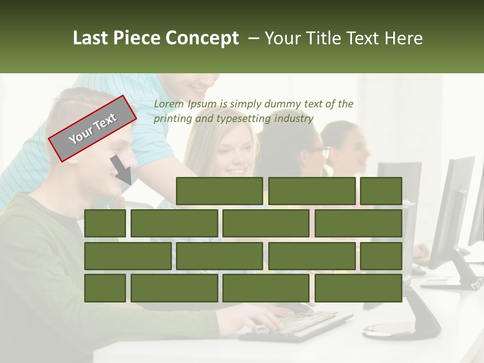 A Group Of People Sitting At A Computer Desk PowerPoint Template