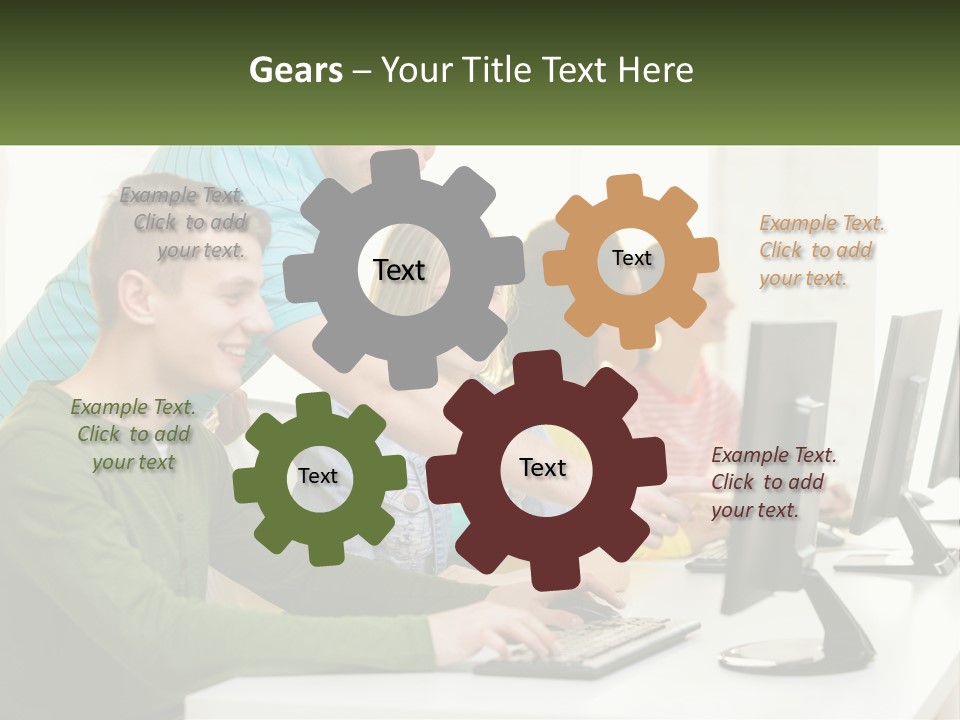 A Group Of People Sitting At A Computer Desk PowerPoint Template