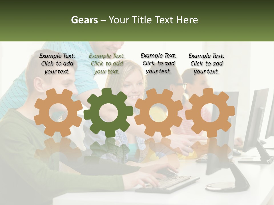 A Group Of People Sitting At A Computer Desk PowerPoint Template
