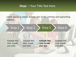 A Group Of People Sitting At A Computer Desk PowerPoint Template