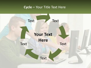 A Group Of People Sitting At A Computer Desk PowerPoint Template