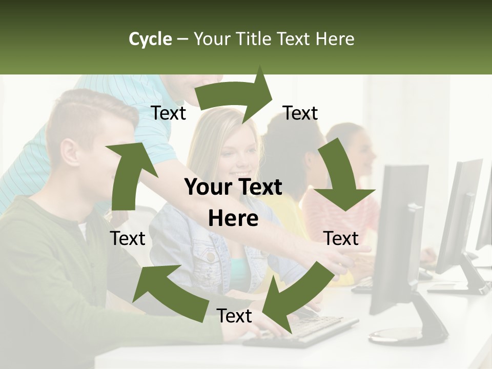 A Group Of People Sitting At A Computer Desk PowerPoint Template