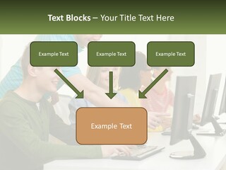 A Group Of People Sitting At A Computer Desk PowerPoint Template