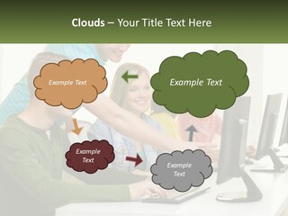A Group Of People Sitting At A Computer Desk PowerPoint Template