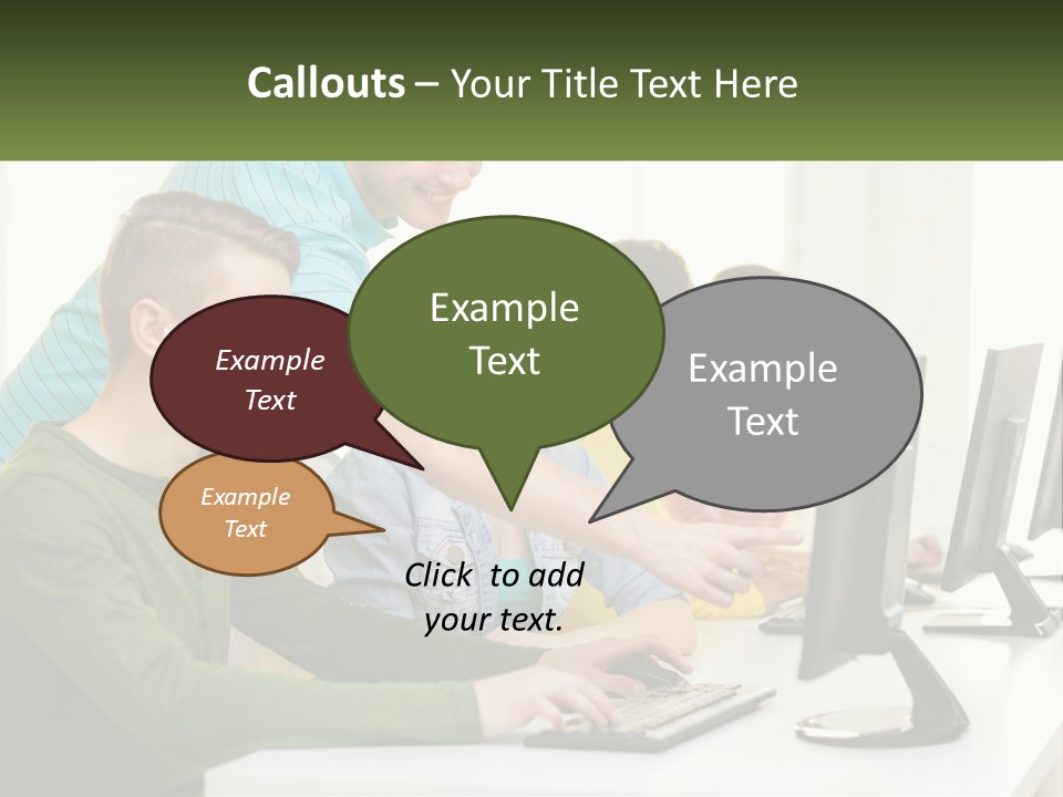 A Group Of People Sitting At A Computer Desk PowerPoint Template