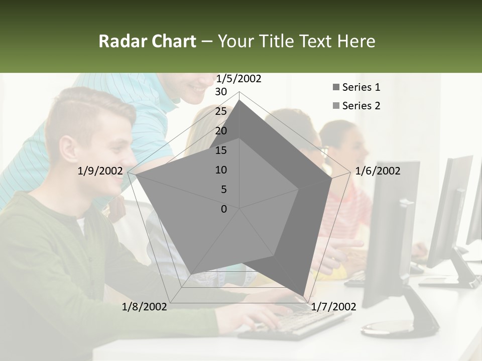 A Group Of People Sitting At A Computer Desk PowerPoint Template