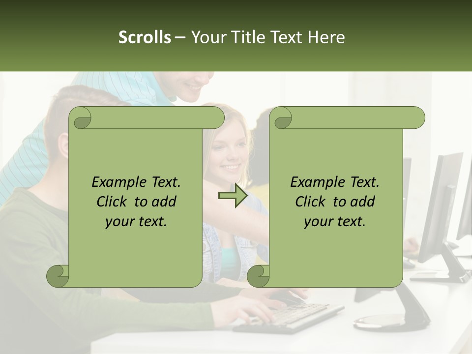 A Group Of People Sitting At A Computer Desk PowerPoint Template