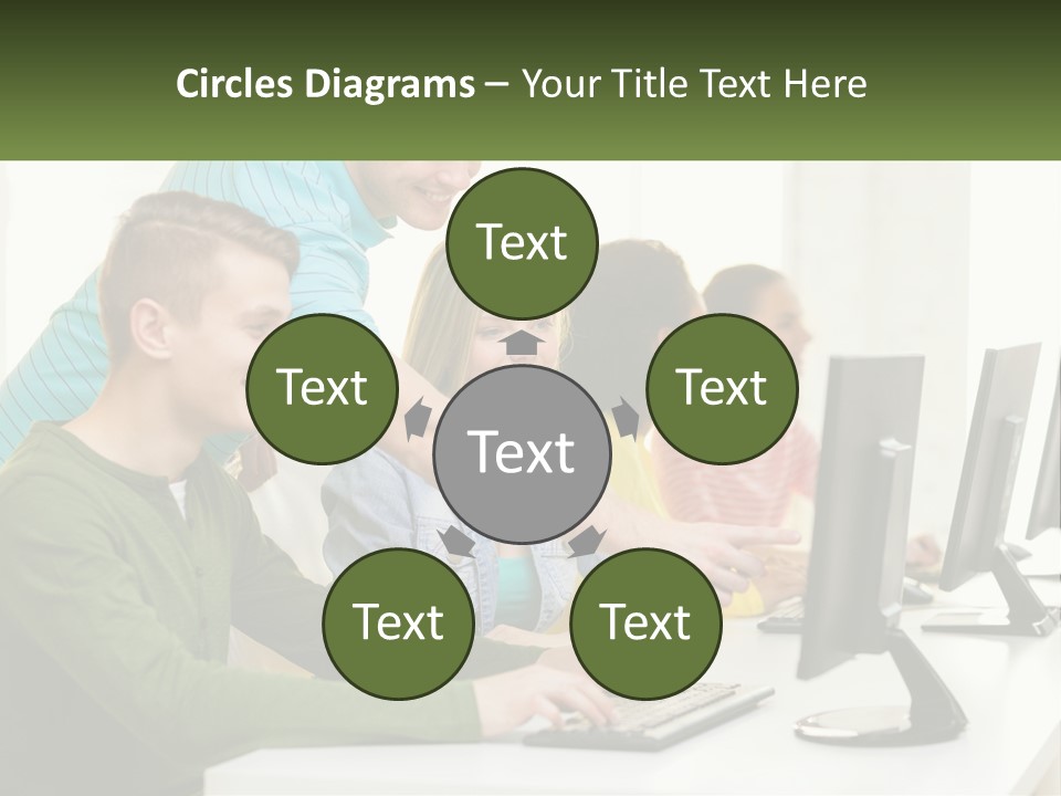 A Group Of People Sitting At A Computer Desk PowerPoint Template