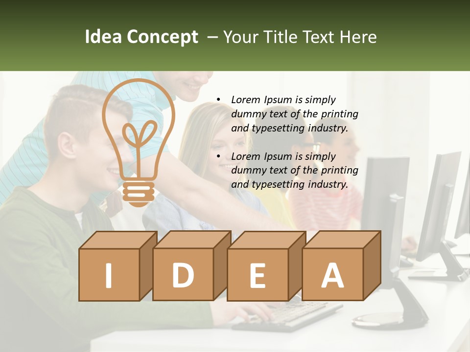 A Group Of People Sitting At A Computer Desk PowerPoint Template