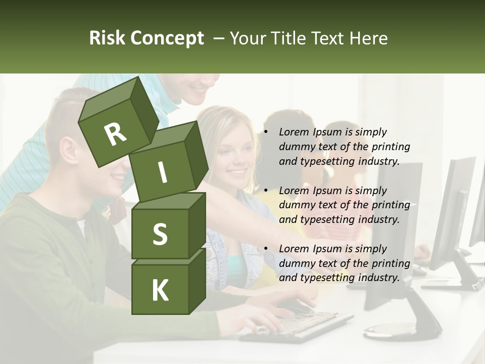 A Group Of People Sitting At A Computer Desk PowerPoint Template