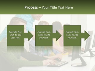 A Group Of People Sitting At A Computer Desk PowerPoint Template