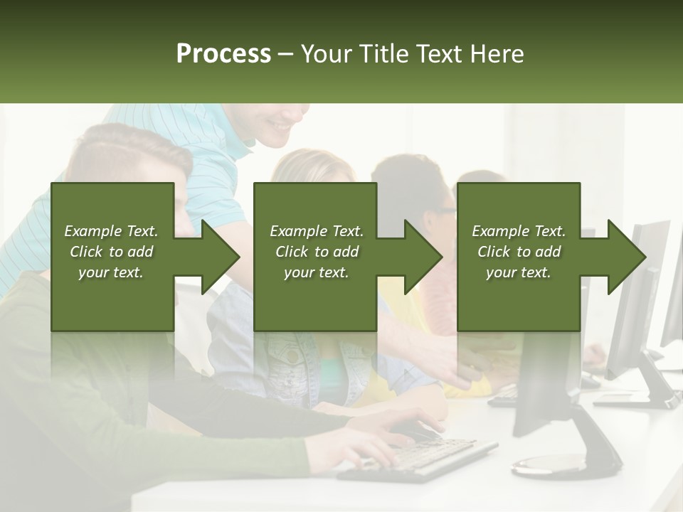 A Group Of People Sitting At A Computer Desk PowerPoint Template