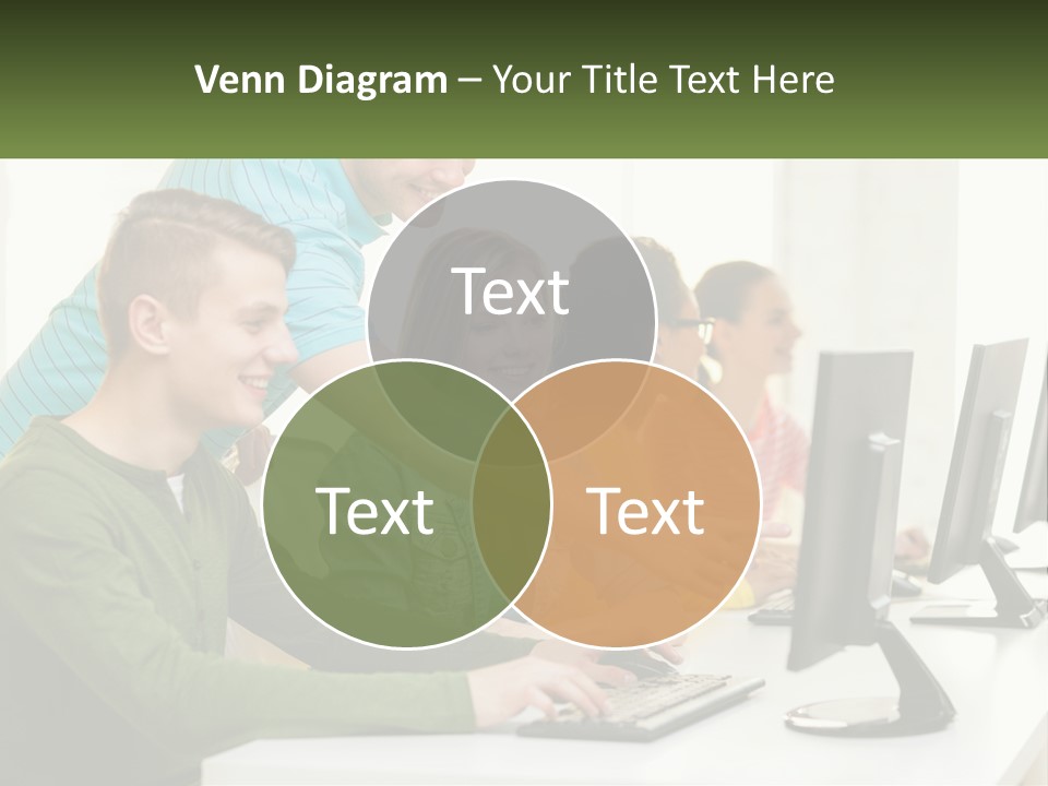 A Group Of People Sitting At A Computer Desk PowerPoint Template