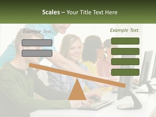 A Group Of People Sitting At A Computer Desk PowerPoint Template