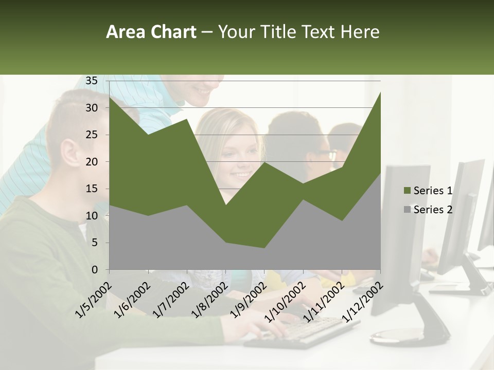 A Group Of People Sitting At A Computer Desk PowerPoint Template