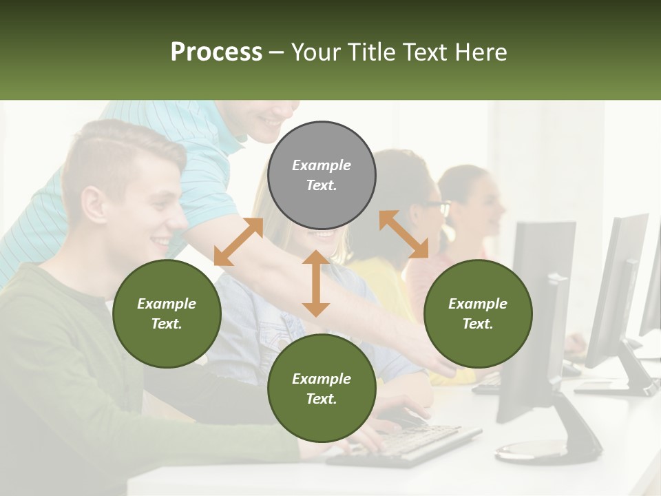 A Group Of People Sitting At A Computer Desk PowerPoint Template