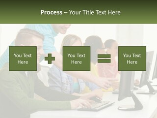 A Group Of People Sitting At A Computer Desk PowerPoint Template
