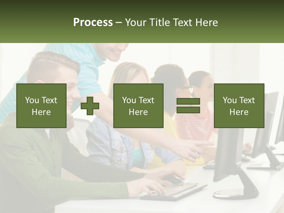 A Group Of People Sitting At A Computer Desk PowerPoint Template
