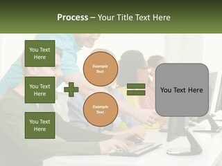 A Group Of People Sitting At A Computer Desk PowerPoint Template