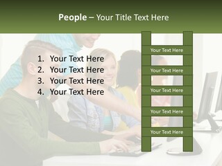 A Group Of People Sitting At A Computer Desk PowerPoint Template