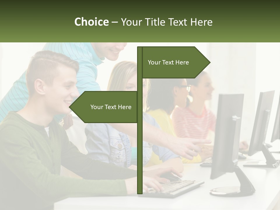 A Group Of People Sitting At A Computer Desk PowerPoint Template