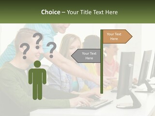 A Group Of People Sitting At A Computer Desk PowerPoint Template
