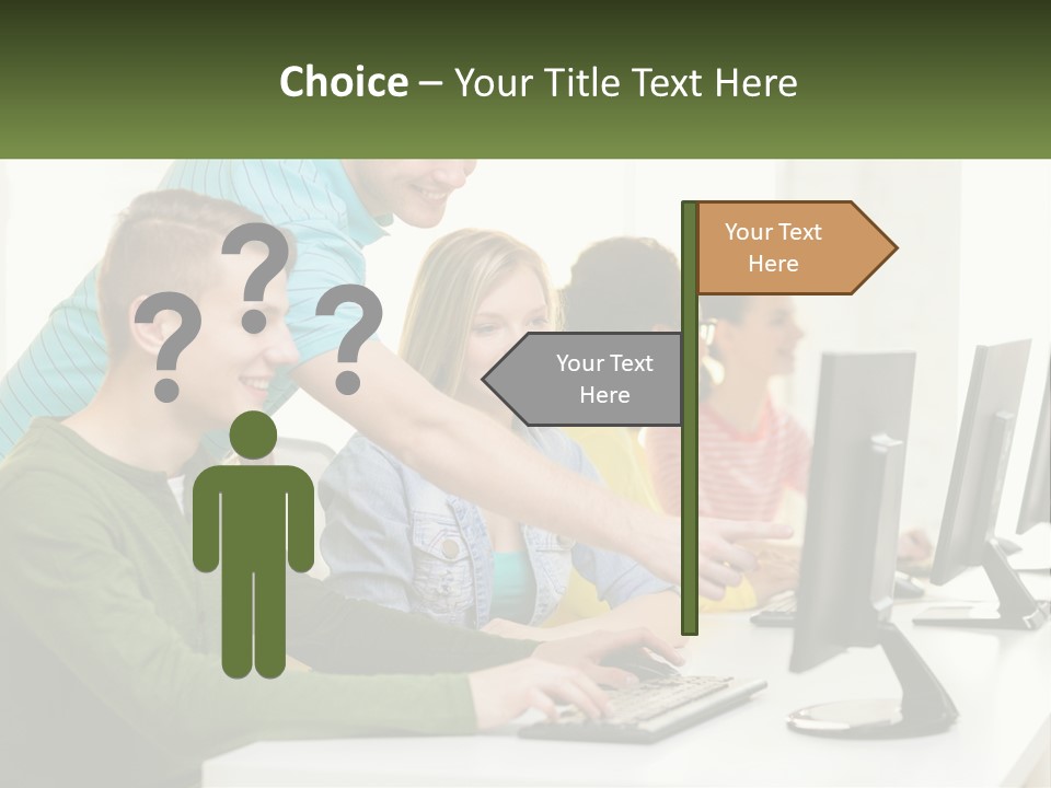 A Group Of People Sitting At A Computer Desk PowerPoint Template