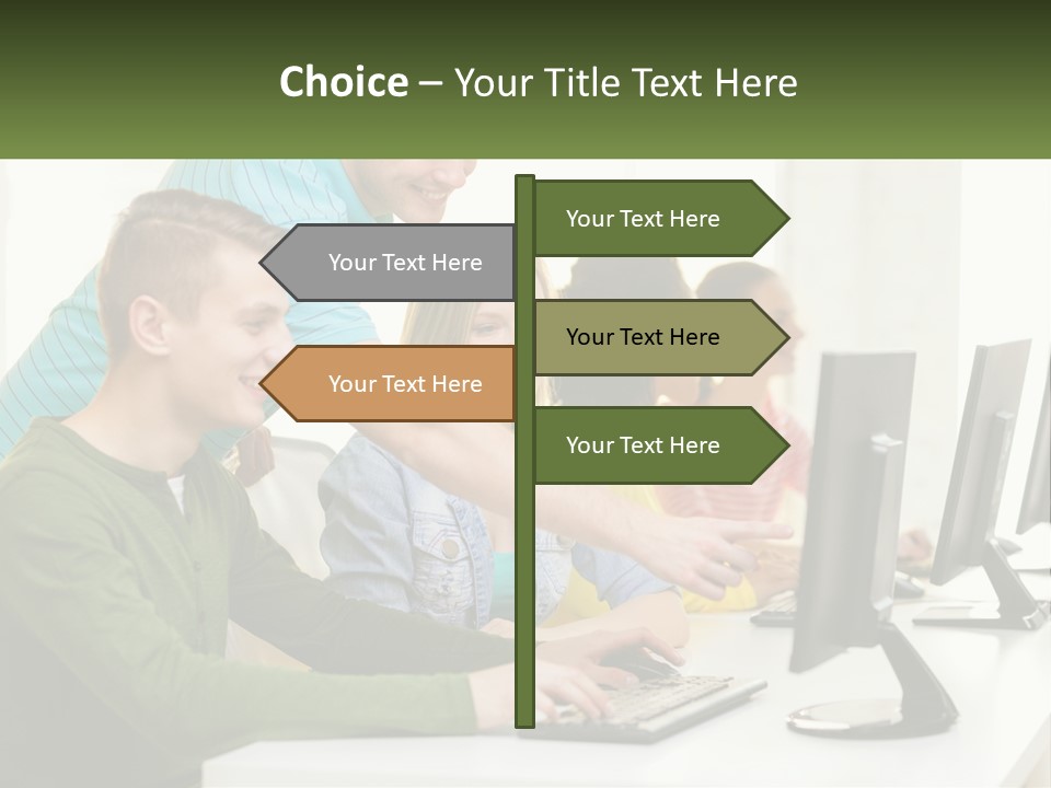 A Group Of People Sitting At A Computer Desk PowerPoint Template