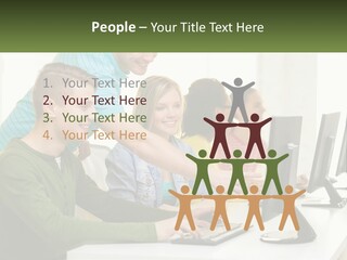 A Group Of People Sitting At A Computer Desk PowerPoint Template