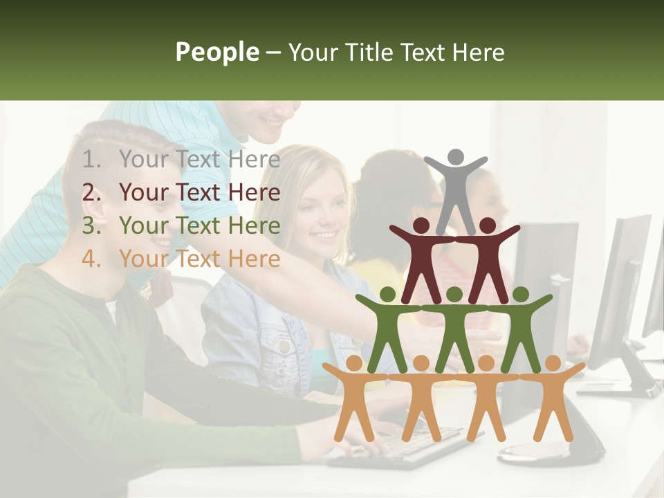 A Group Of People Sitting At A Computer Desk PowerPoint Template