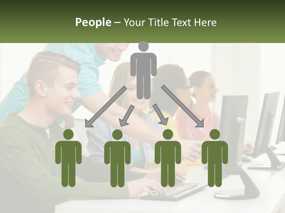 A Group Of People Sitting At A Computer Desk PowerPoint Template