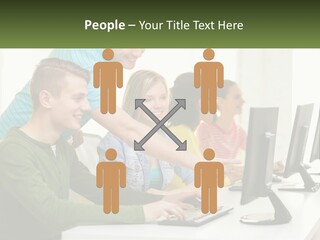 A Group Of People Sitting At A Computer Desk PowerPoint Template