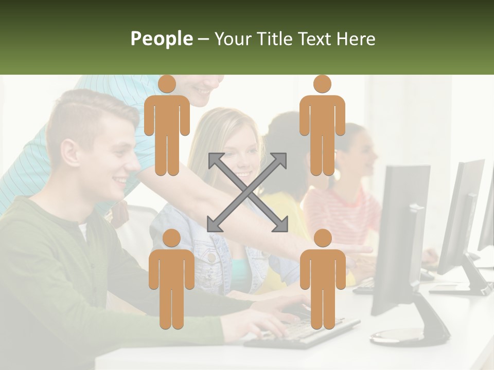 A Group Of People Sitting At A Computer Desk PowerPoint Template