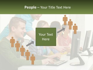 A Group Of People Sitting At A Computer Desk PowerPoint Template