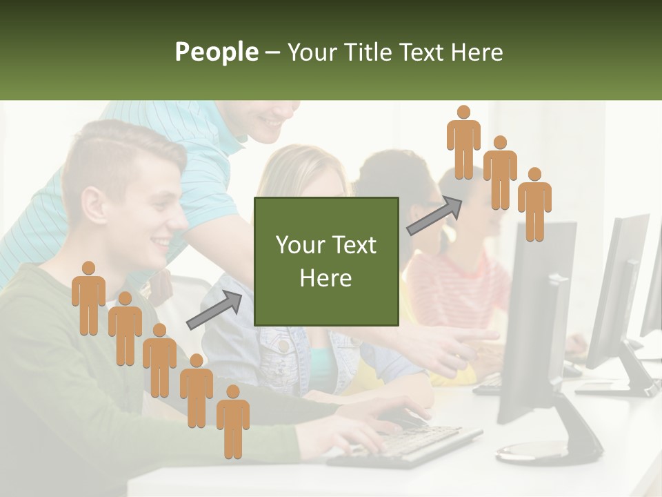 A Group Of People Sitting At A Computer Desk PowerPoint Template