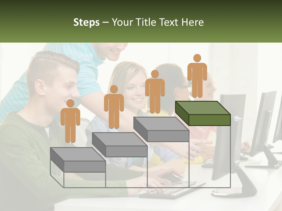 A Group Of People Sitting At A Computer Desk PowerPoint Template