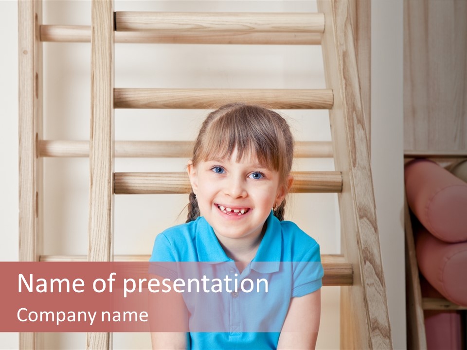 A Little Girl Sitting In Front Of A Wooden Ladder PowerPoint Template