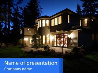 A House Is Lit Up At Night With The Words Name Of Presentation PowerPoint Template
