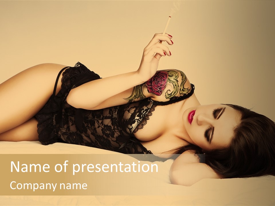 A Woman In Lingerie Smoking A Cigarette PowerPoint Template