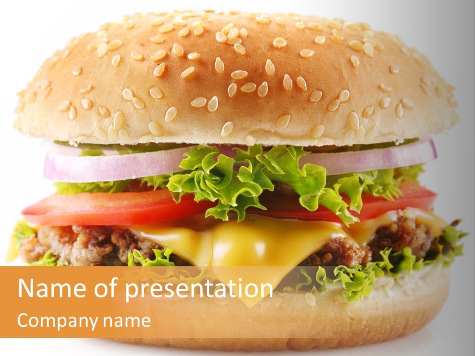 A Cheeseburger With Lettuce, Tomatoes, Onions And Tomatoes On It PowerPoint Template