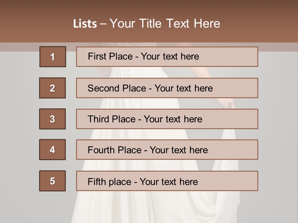 A Woman In A White Dress Is Posing For A Picture PowerPoint Template