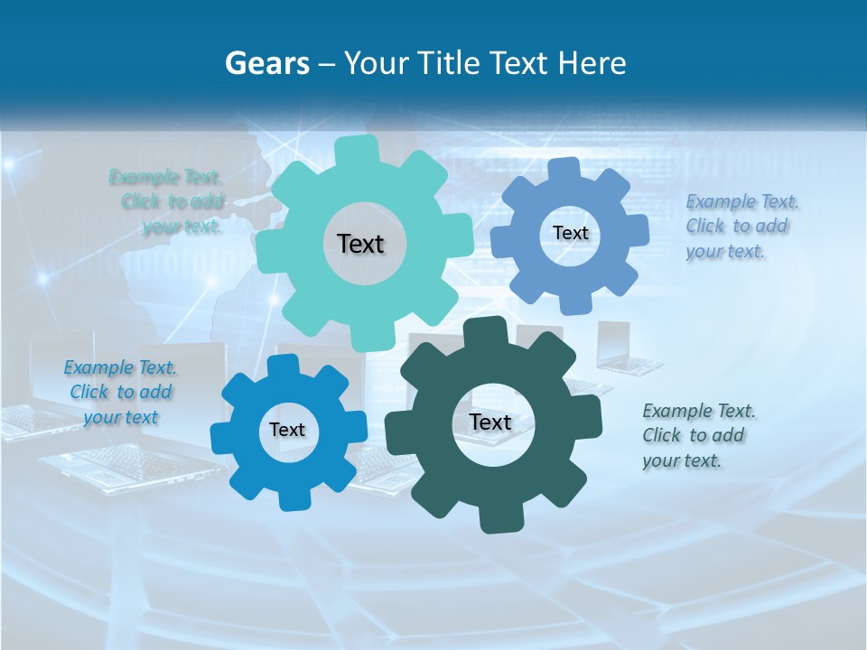 A Blue Background With A World Map And Laptops PowerPoint Template