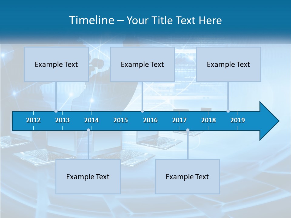 A Blue Background With A World Map And Laptops PowerPoint Template